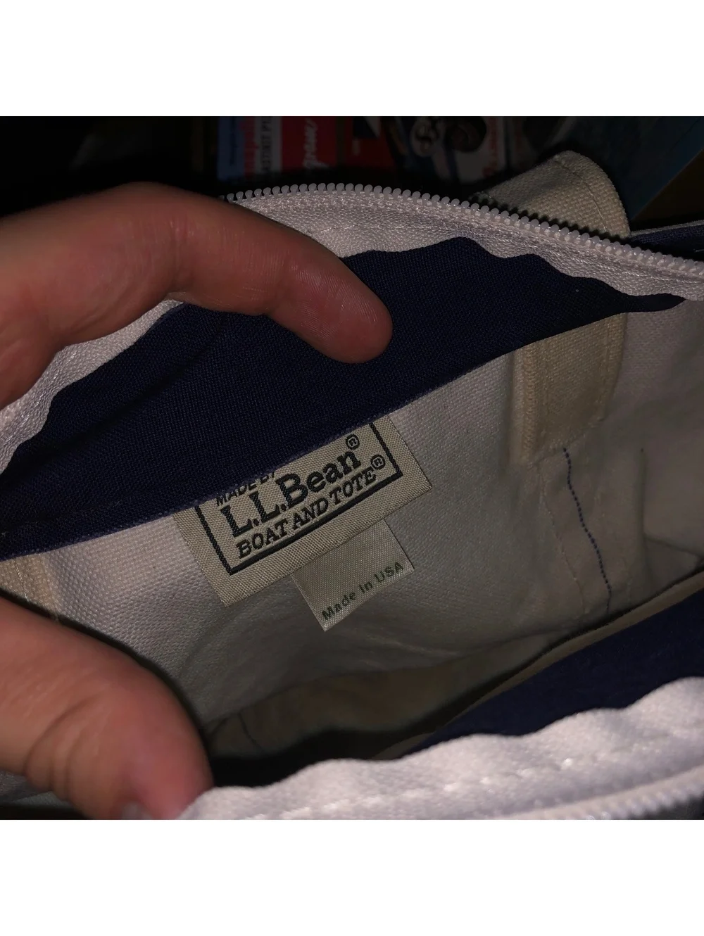 VINTAGE LL BEAN BOAT & TOTE WHITE CREAM NAVY BLUE CANVAS BAG SMALL LONG HANDLES